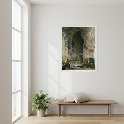 Scandinavian-inspired interior with soft natural light, featuring a 40×50 cm (16×20″) white gallery-framed print of ‘Digby Cave No. 1’ by Sir William Orpen. Display the frame at true scale with smooth matte-white hardwood, sharp edges, and clear glazing. Clean, bright environment, minimalist décor, photorealistic quality.