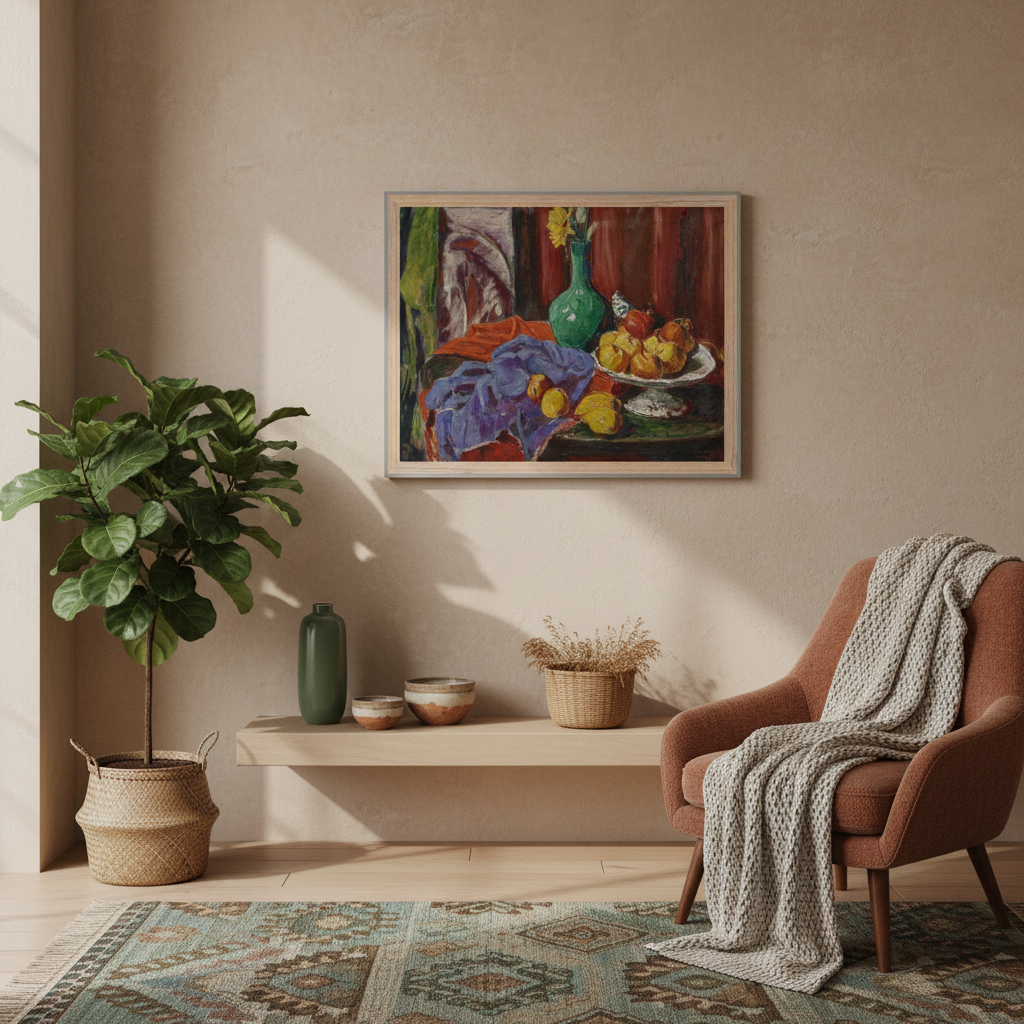 Still Life of Fruit and Green Vase by Roderic O'Conor framed print above a low shelf beside a terracotta armchair