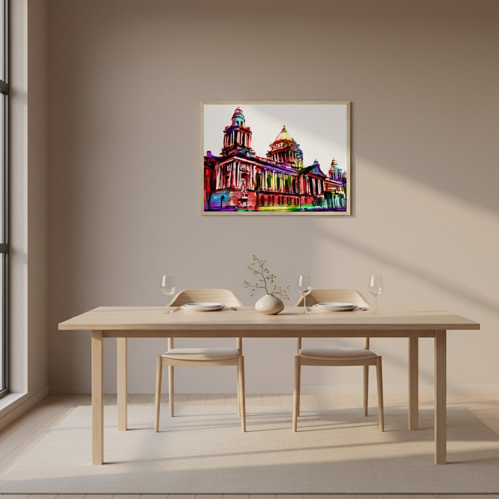 45x60 cm horizontal Belfast City Hall art print in natural wood frame, hanging in a modern dining room above a rectangular table, muted wall tones, minimal table setting, early evening light, realistic interior mockup.