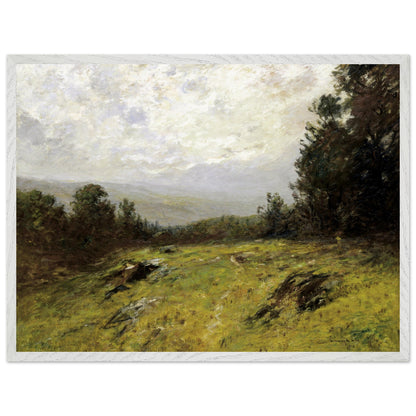 Edward Gay Hillside 1908 framed Irish-American landscape art print beside a bed with white linen