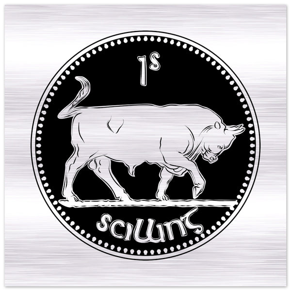 Old Irish Money Shilling Coin Bull gebürsteter Aluminiumdruck