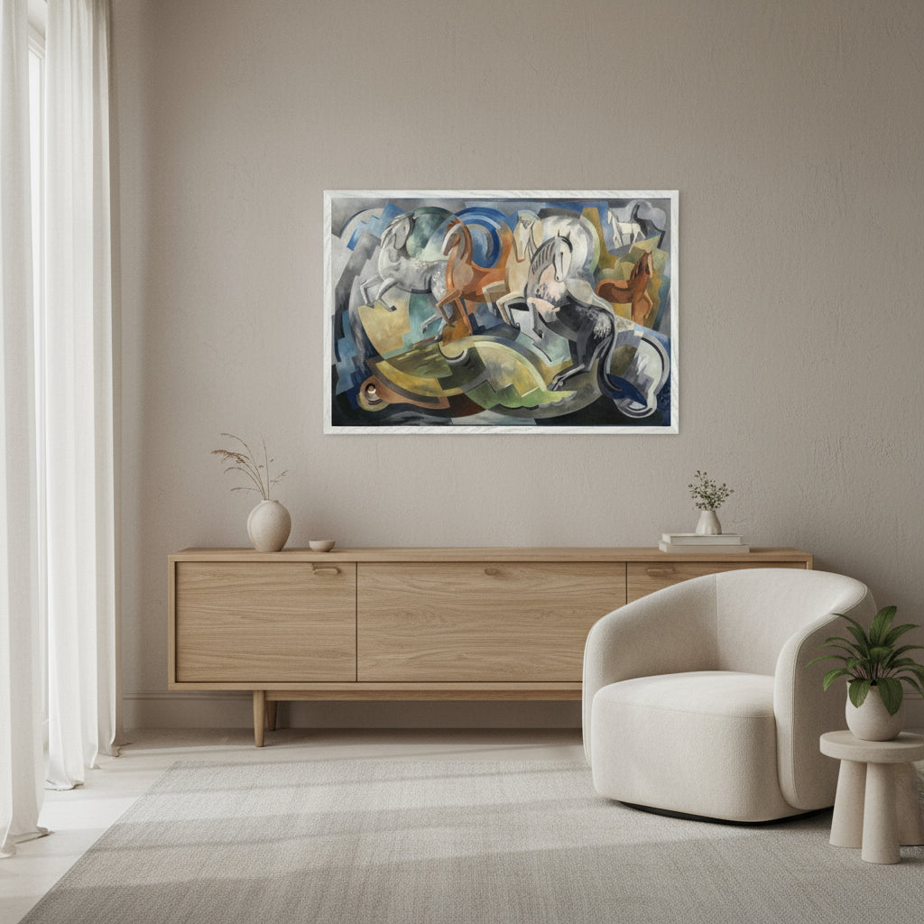  60x90 cm / 24x36″ / Achill Horses by Mainie Jellett in a white gallery frame, centered above a light oak sideboard in a contemporary living room; neutral walls, boucle armchair, linen curtains, soft diffused daylight, minimalist Irish elegance.