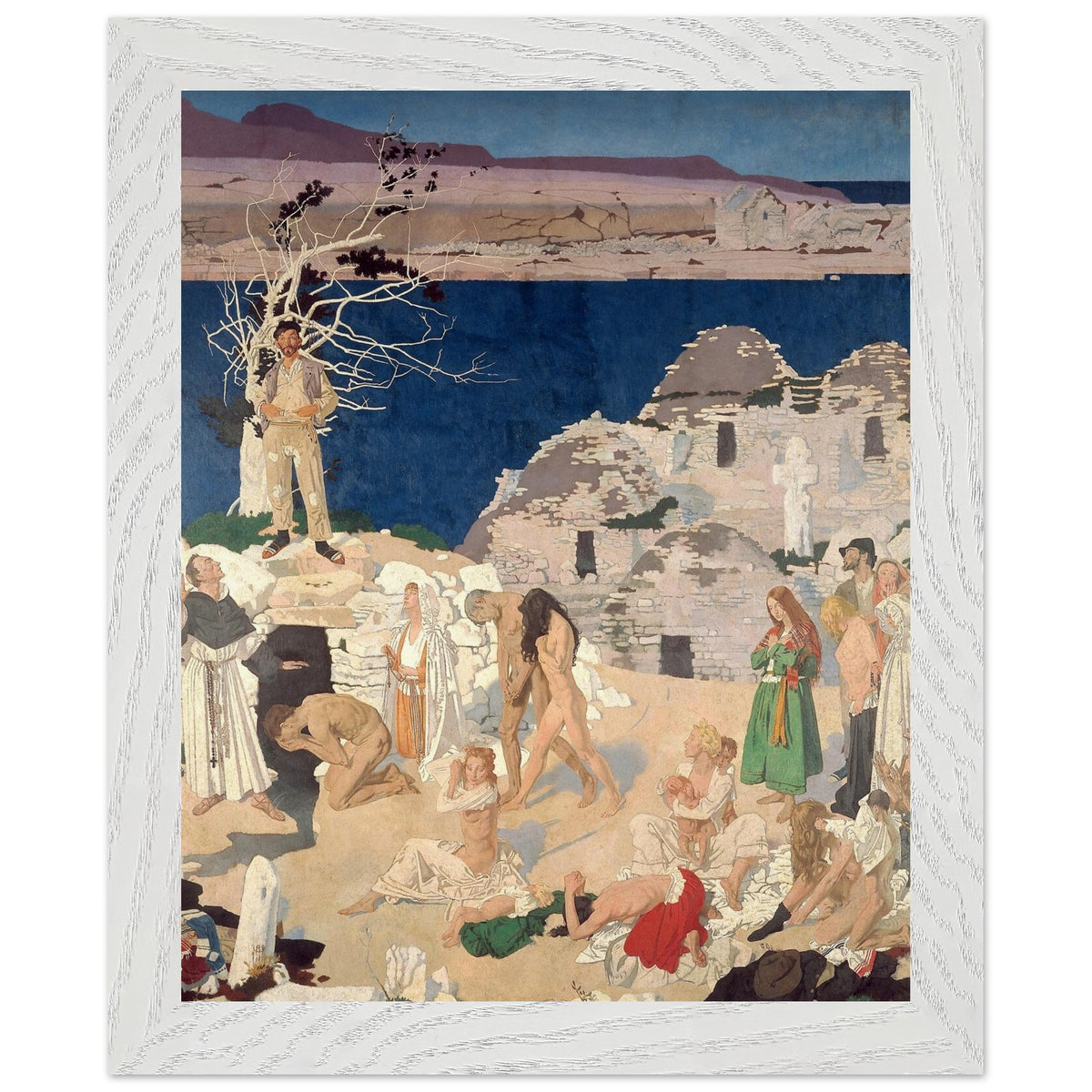 The Holy Well by William Orpen in a white frame, woman in a green shawl among kneeling pilgrims