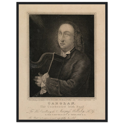 Vintage Irish musician wall art, framed portrait of Carolan the bard, styled in a living room with traditional decor.