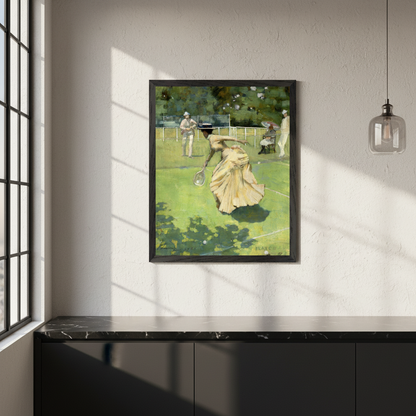 Played!! by Sir John Lavery in a black frame on a sunlit wall above a black marble counter
