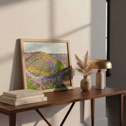 A3 framed Irish art print of Paysage, Pont Aven (1892) leaning on a console table against a warm off-white wall, styled with art books, a stoneware vase and a small lamp, cosy evening light, focus on print as a statement piece in a hallway or study.