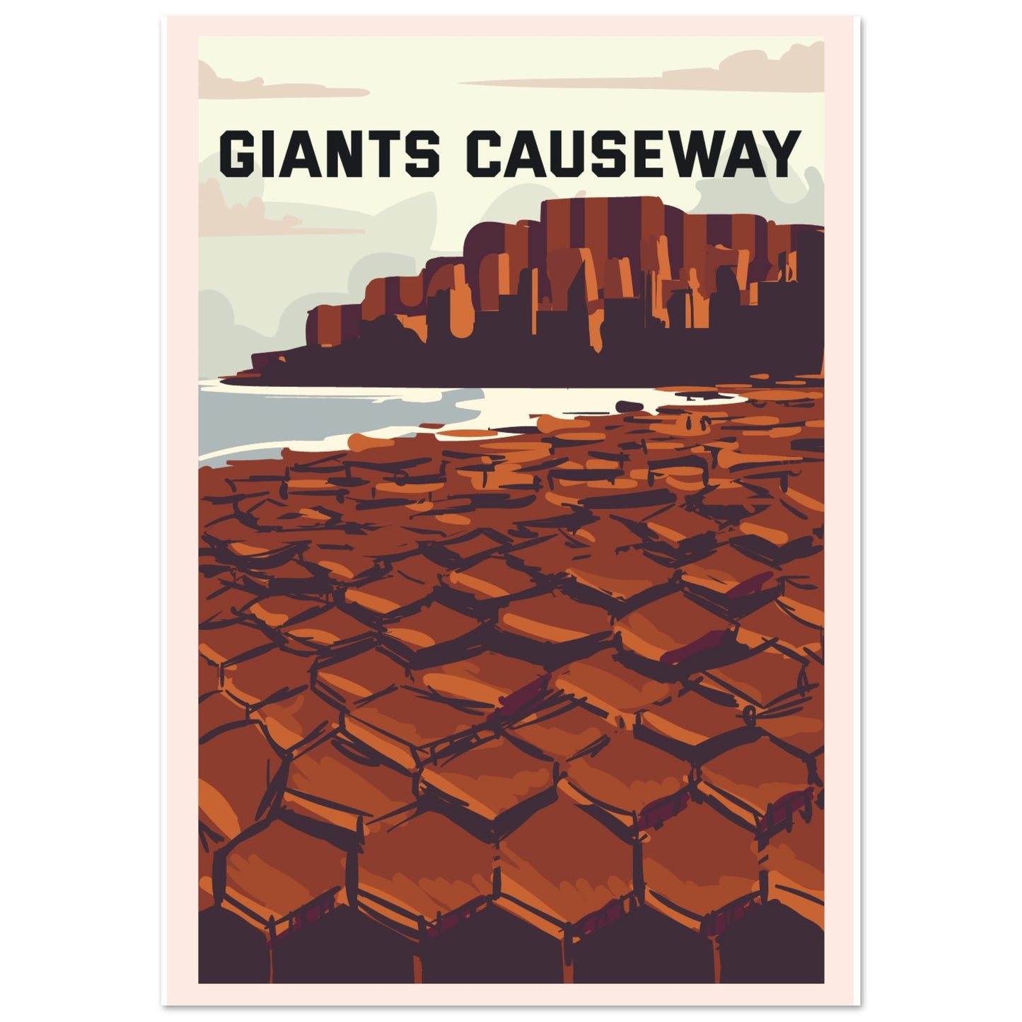 A3 size retro Giant’s Causeway travel art print with iconic hexagonal columns and warm earthy tones.