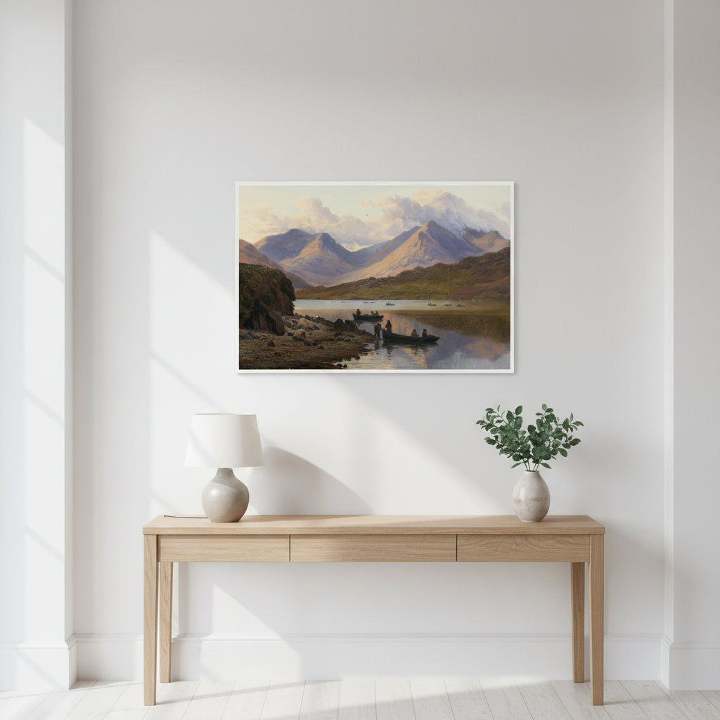 A framed Irish landscape print in a minimal hallway with white walls, wooden console table, ceramic lamp, greenery in vase. Natural soft shadows. Luxury contemporary Irish home aesthetic. A View of the Killaries by Irish Artist 
