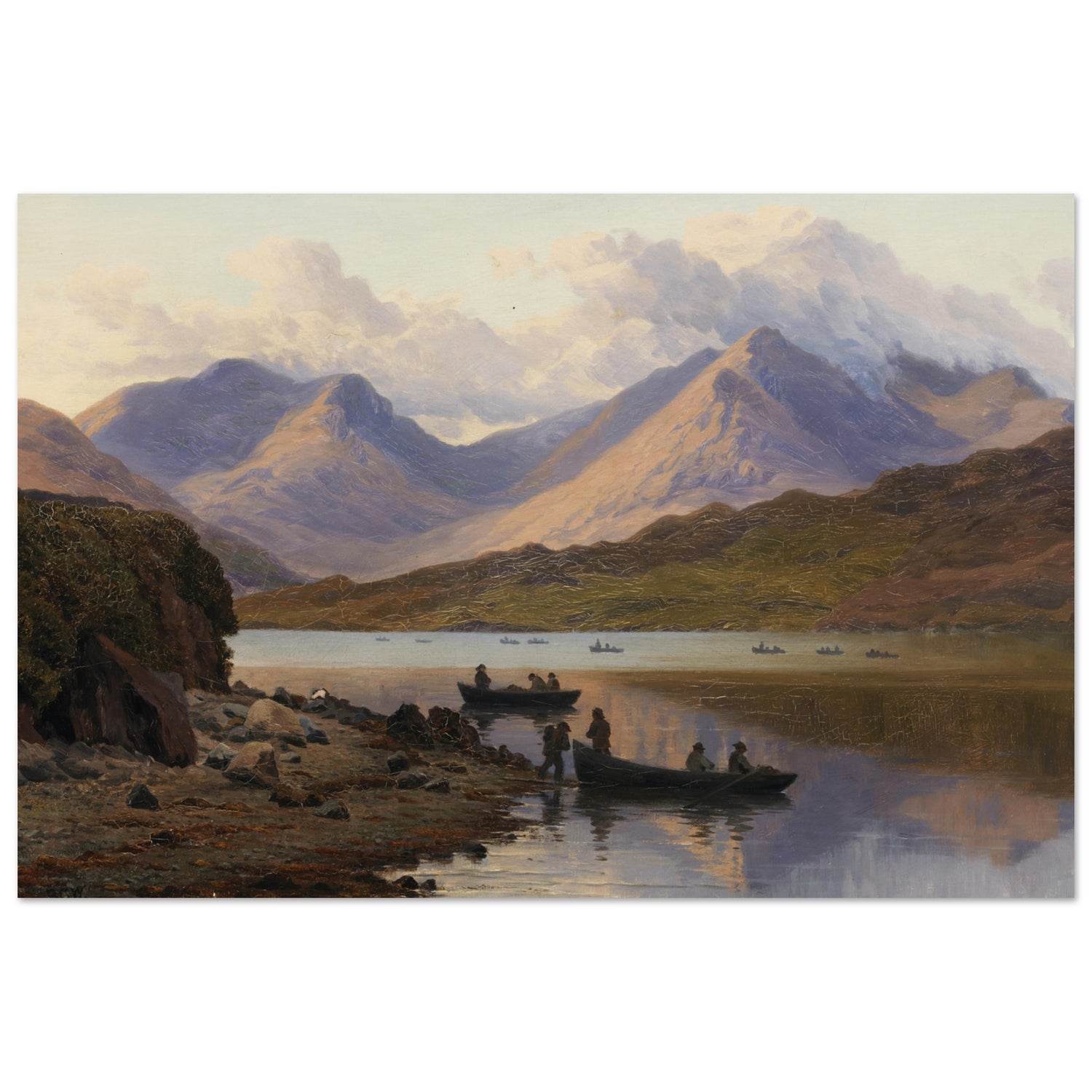 A View of the Killaries, from Leenane – high-quality framed reproduction of Bartholomew Colles Watkins’ Irish landscape painting, showing Killary Fjord, Connemara mountains, and fishermen on calm waters