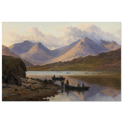 A View of the Killaries, from Leenane – high-quality framed reproduction of Bartholomew Colles Watkins’ Irish landscape painting, showing Killary Fjord, Connemara mountains, and fishermen on calm waters
