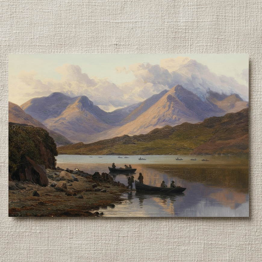 A View of the Killaries art print by Bartholomew Colles Watkins, unframed archival matte paper, showing Killary Fjord, mountains and fishing boats. archival print resting on light linen fabric. Soft natural daylight, gentle shadows, artisanal fine-art photography style.
