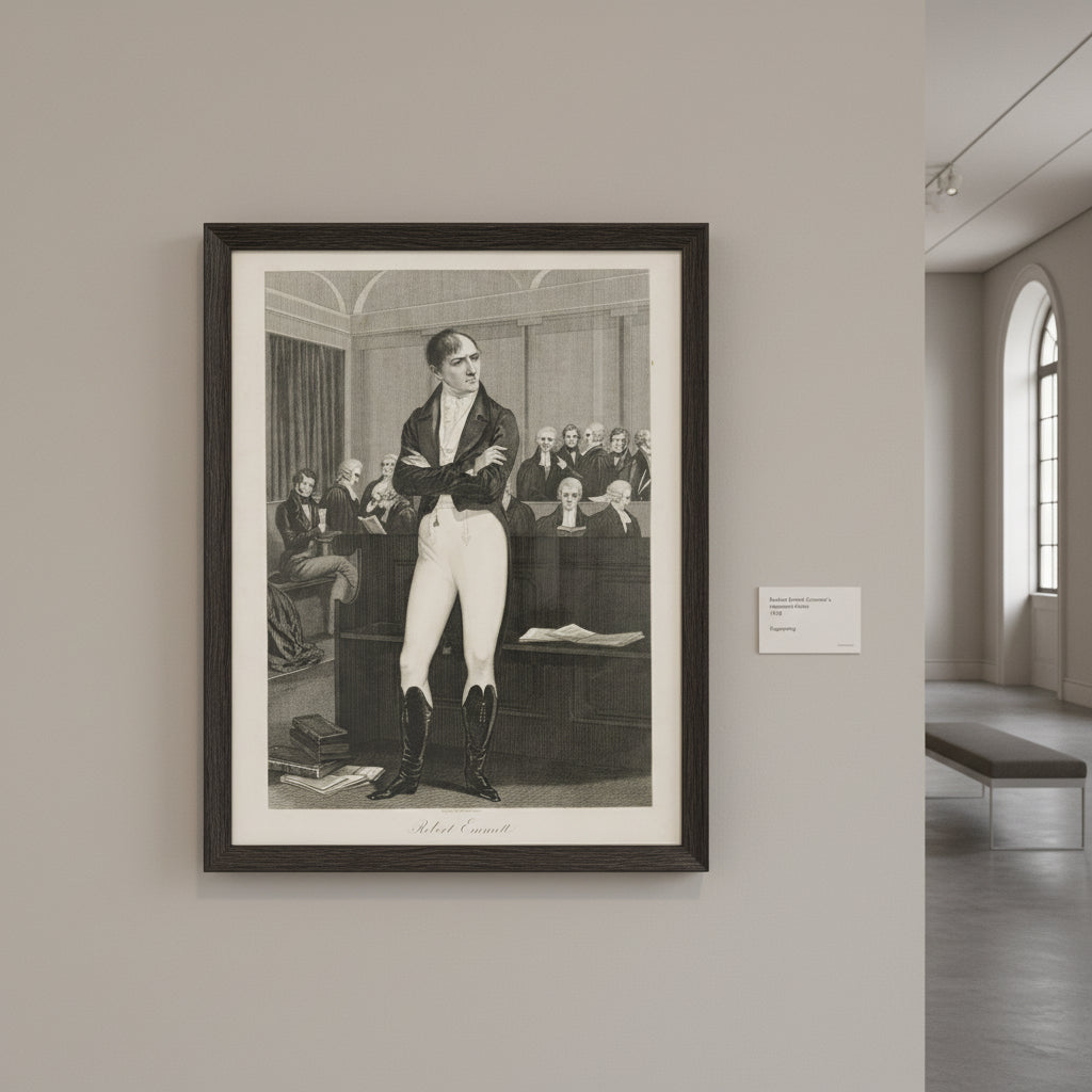 A framed black-and-white engraving of Robert Emmet standing defiantly in court, 1803, displayed on a neutral wall inside a softly lit museum gallery. Elegant wooden frame with subtle texture, archival finish, informational wall tag beside it, natural light from tall windows, minimalist interior, calm reflective atmosphere — ultra-realistic fine art photography.