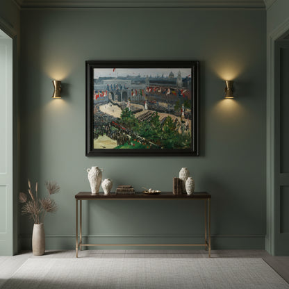 Admiralty Arch, Victory Parade, 19th July 1919 by Irish Artist John Lavery Art Print, A stylish hallway inspired by boutique hotels—muted green walls (Farrow & Ball ‘Card Room Green’), brass wall sconce lighting, slim console table with ceramic ornaments. The framed historical painting ‘Admiralty Arch, Victory Parade (1919)’ displayed as the focal point. Clean, feminine, luxurious.