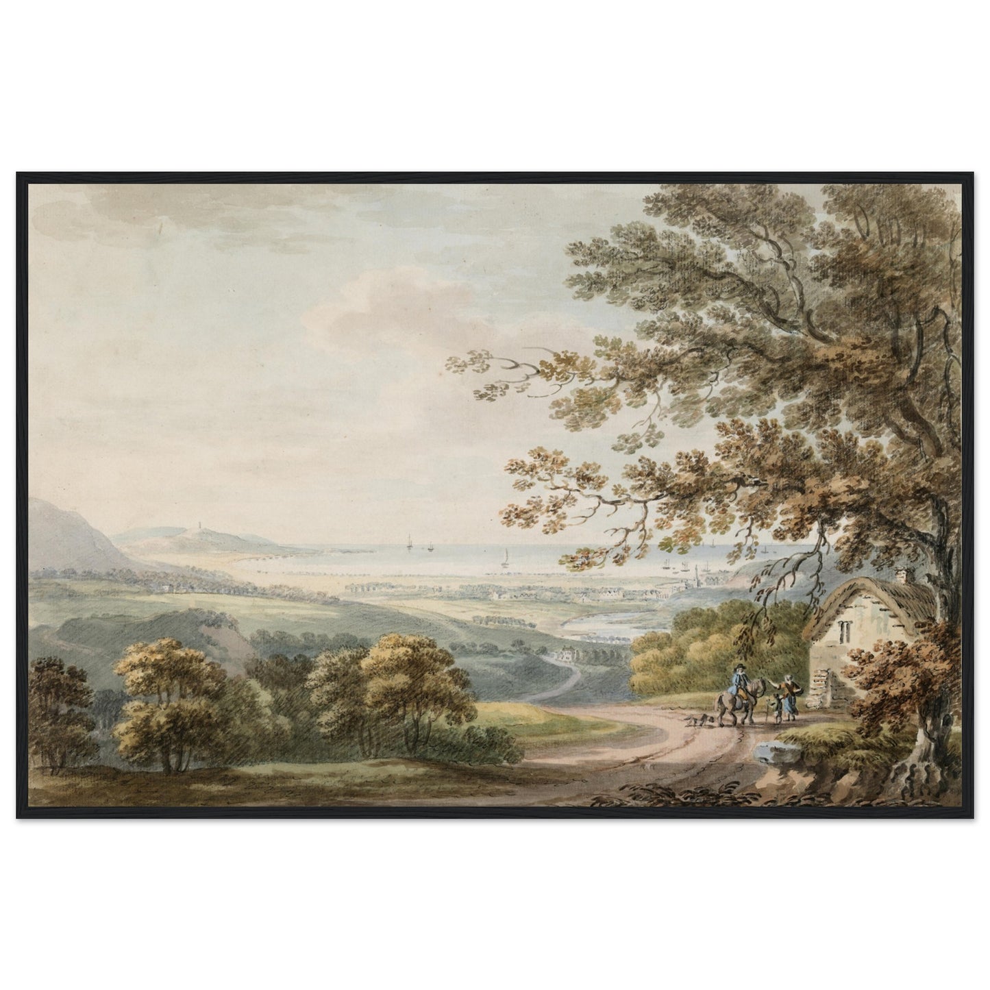 Antique Irish landscape print in slim black frame, modern neutral living room, coastal Irish light, minimalist styling, premium art photography