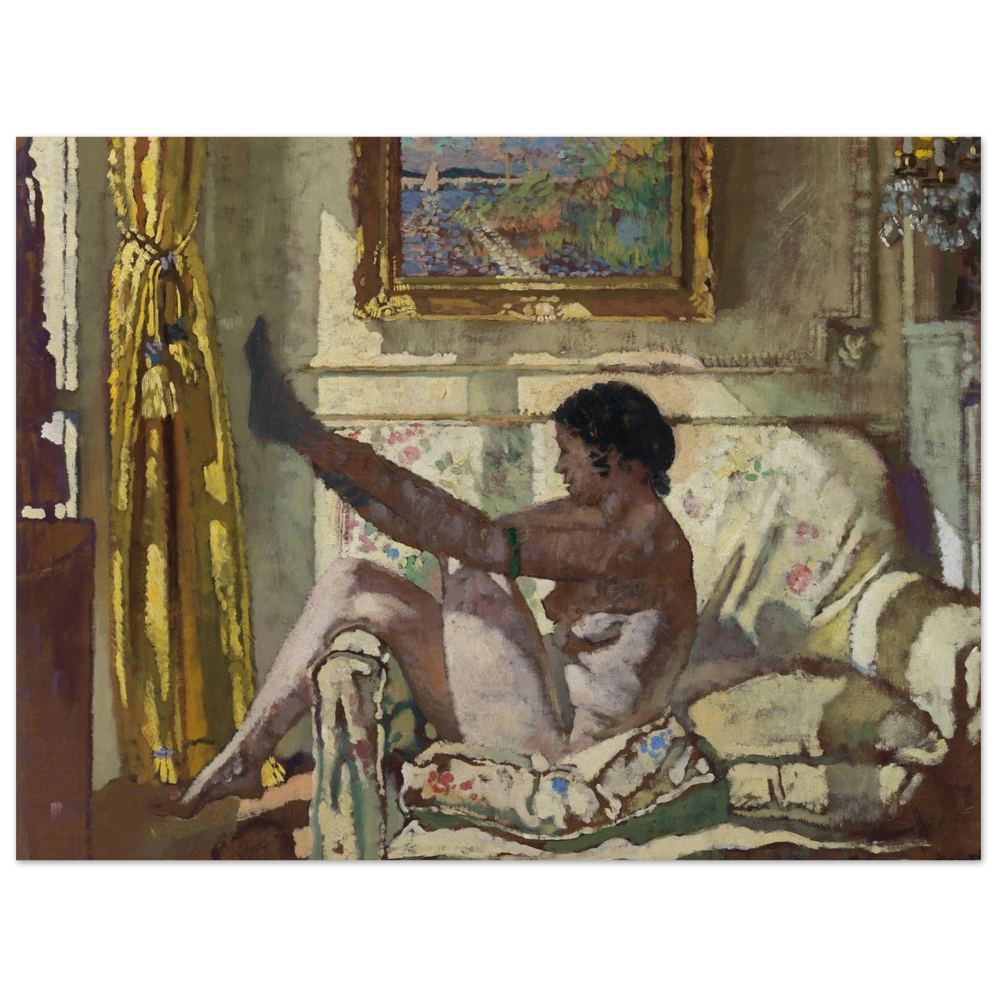 Archival art print of William Orpen’s Sunlight, nude woman adjusting stocking on floral sofa, Monet painting in background, 30x40 cm unframed.