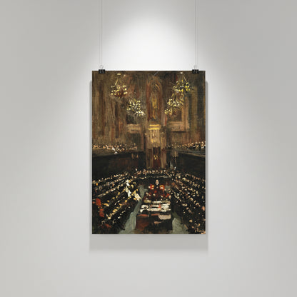 Art print unframed and held by two small metal clips on a white museum wall, dramatic overhead spotlight, paper grain visible, gallery presentation.”