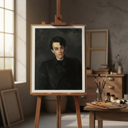Art studio setting with unframed Yeats portrait resting on easel beside artist tools; natural window light revealing subtle paper texture and colour depth.