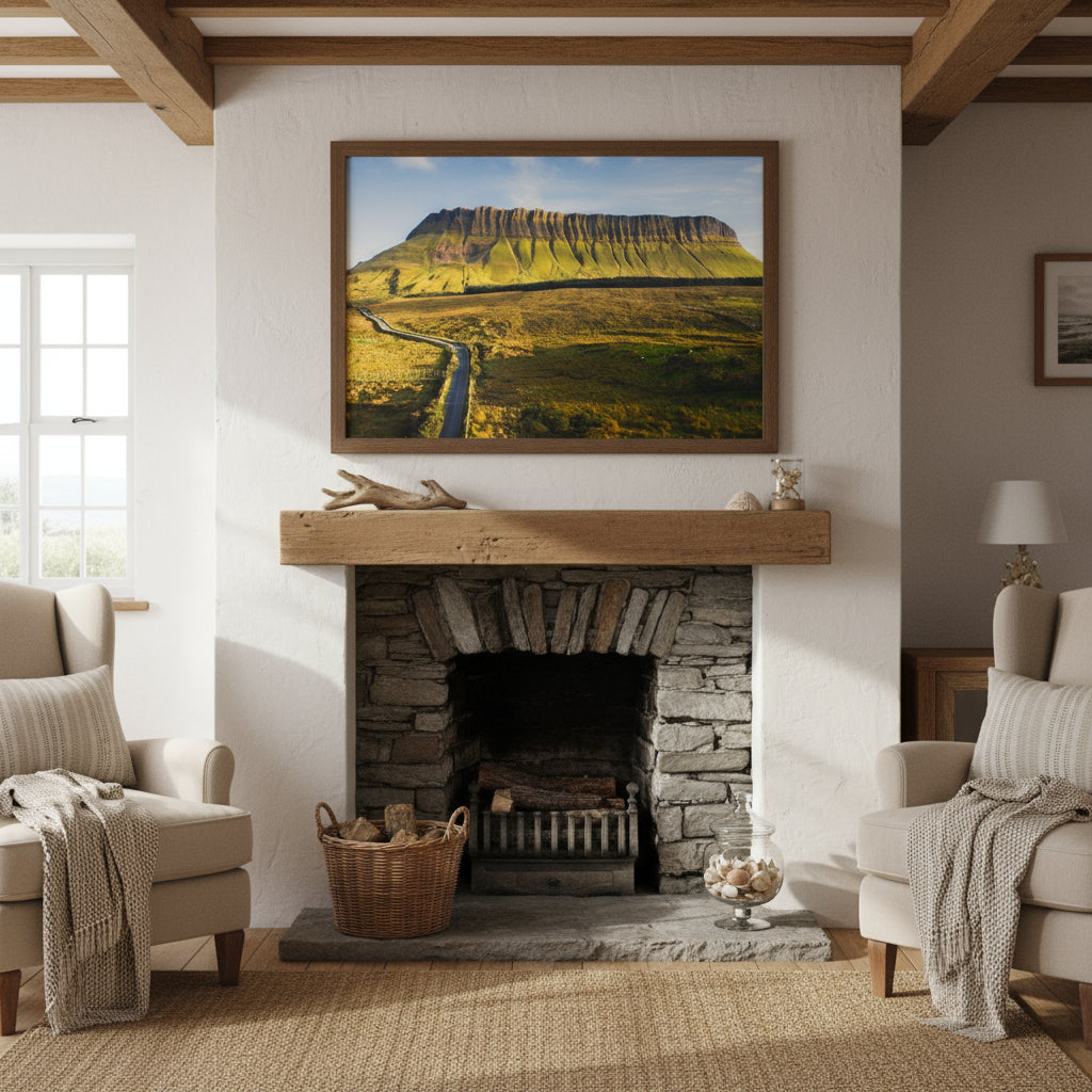 Benbulben artwork mounted above a stone fireplace in a coastal Irish cottage with whitewashed walls, woven textures, and sea grass tones.