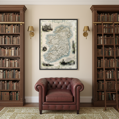 Black-framed vintage Ireland map between oak bookcases in classic library