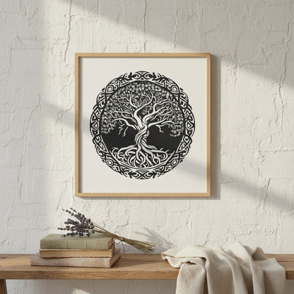 Celtic Tree of Life framed print in light oak wood frame hanging on whitewashed cottage wall. 