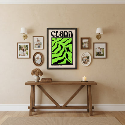 Clann – Irish Family Print | Gaelic Wall Art & Irish Home Decor, Framed Clann print displayed in a hallway with family photos, warm lighting and neutral textures. Symbolic and welcoming.