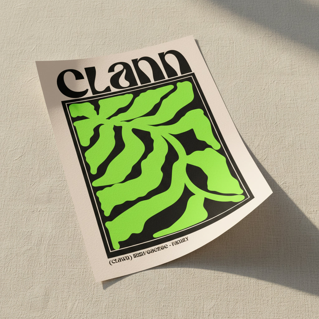 Clann – Irish Family Print | Gaelic Wall Art & Irish Home Decor unframed archival print resting on light linen fabric. Soft natural daylight, gentle shadows, artisanal fine-art photography style.
