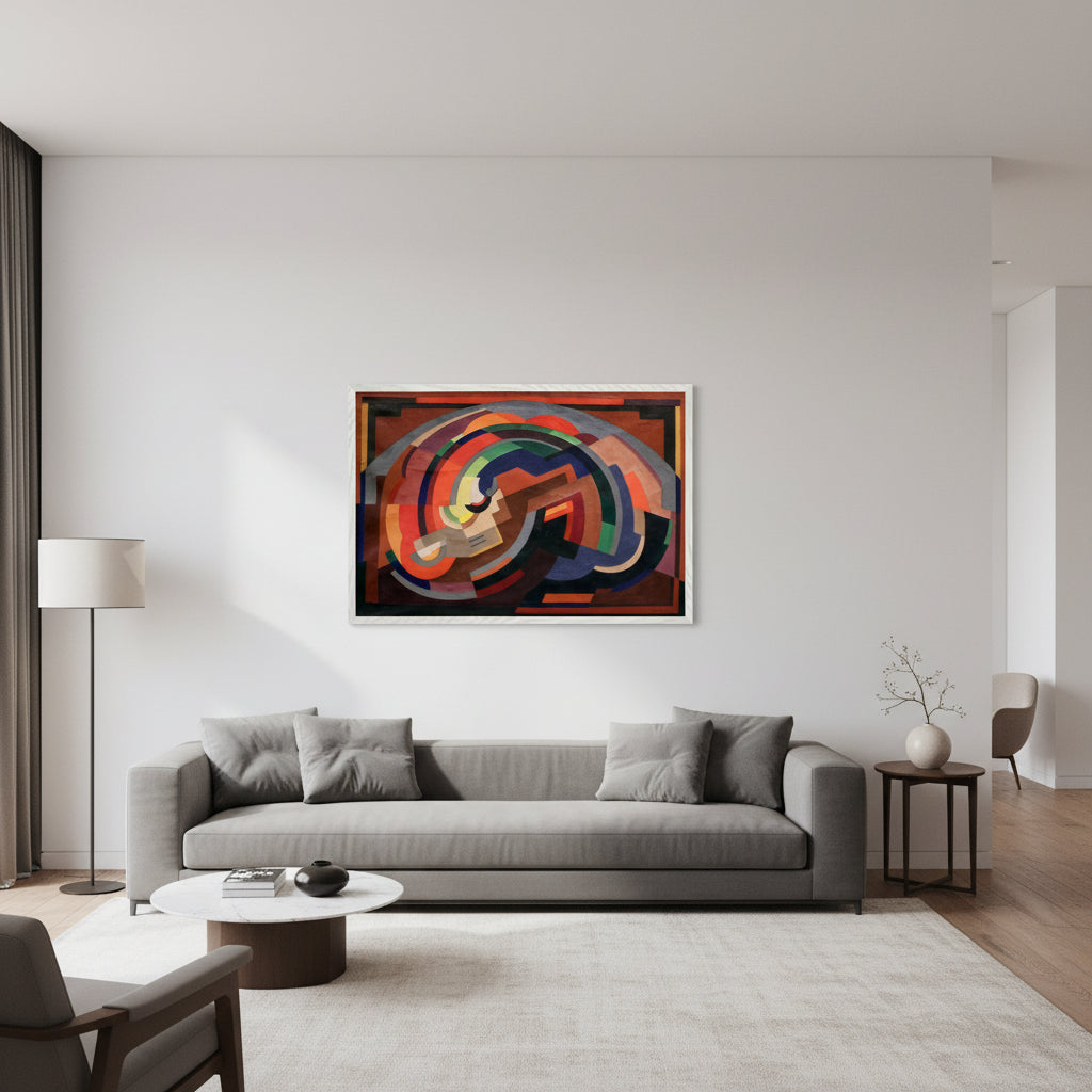 60×90 cm framed print of ‘Composition (c.1935)’ by Mainie Jellett in a white frame, spacious contemporary home interior, soft diffused daylight