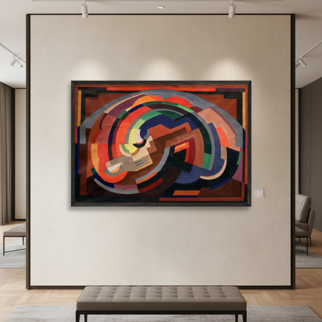 60×90 cm framed print of ‘Composition (c.1935)’ by Mainie Jellett in a black FSC-certified wooden frame, upscale interior wall, gallery lighting, rich shadows, premium museum-style realism.
