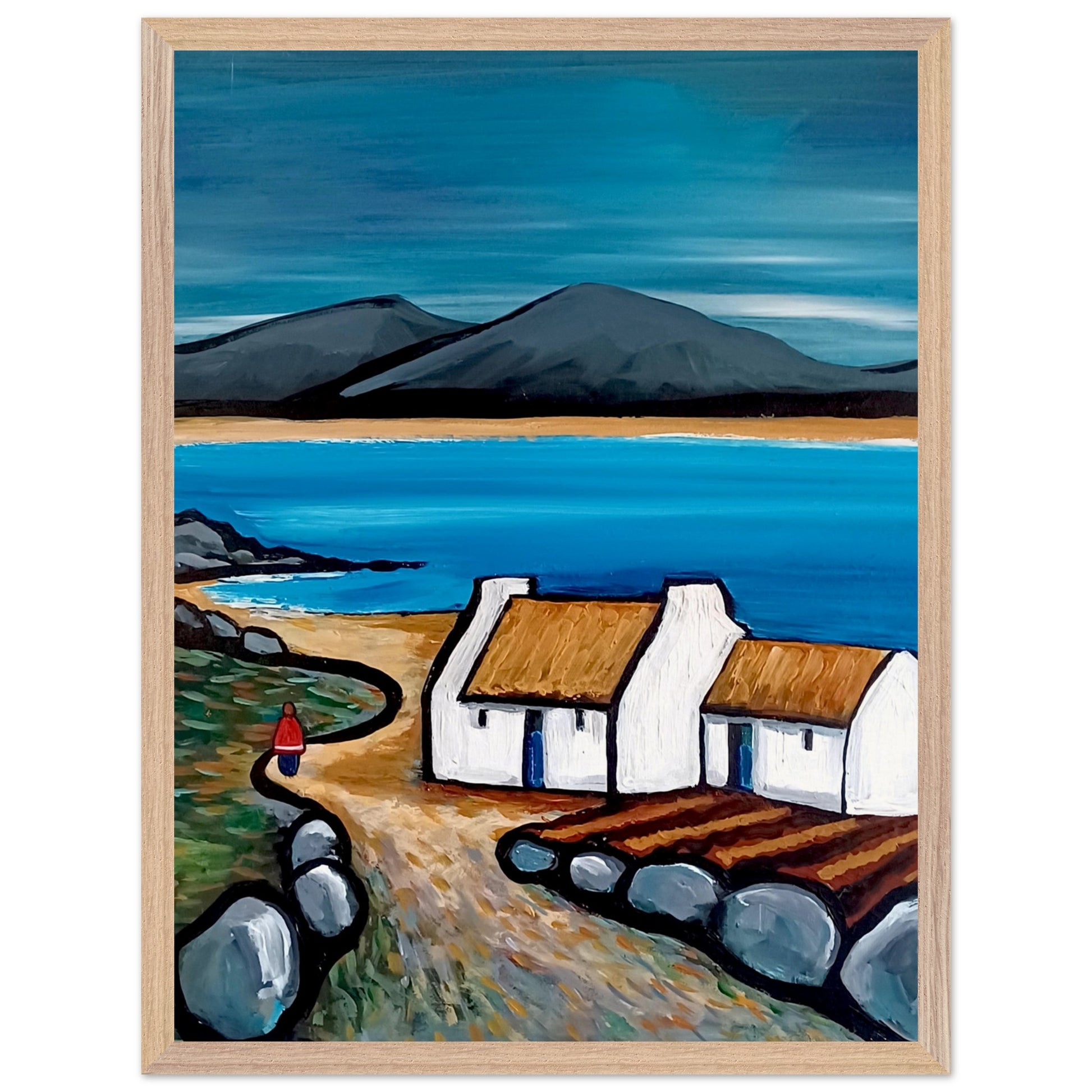 Connemara Lakes Cottage Irish art print 30x40 cm framed in natural oak wood