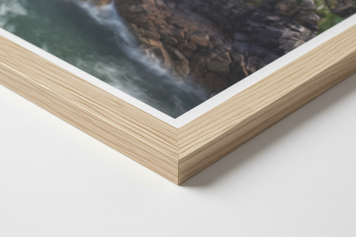 Close-up of framed print detail, archival paper and wooden frame