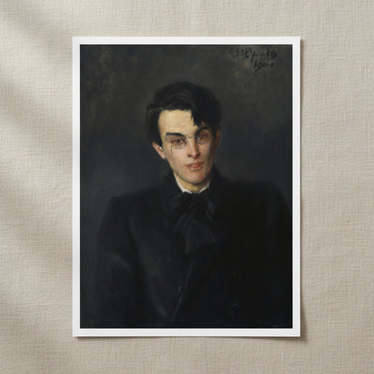 Flat-lay of Yeats print unframed on off-white linen cloth, accompanied by a sprig of eucalyptus and folded envelope for poetic lifestyle mood.