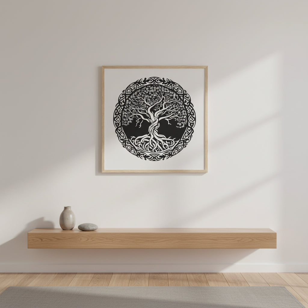 Framed Celtic Tree of Life print hanging in a calm minimalist living room with oak textures and soft daylight. Heritage aesthetic, balanced tones, natural styling.