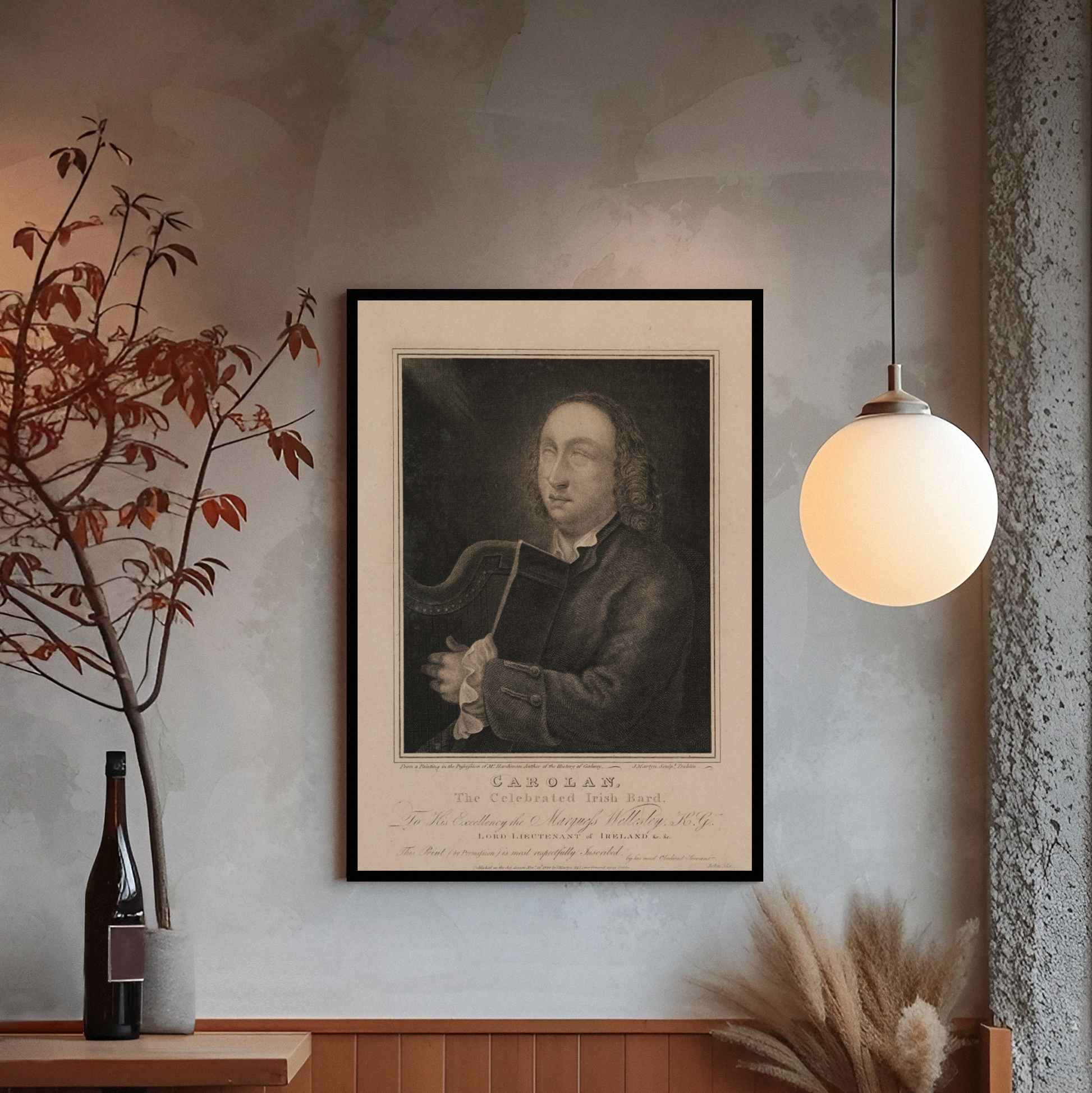 Vintage Irish musician wall art, framed portrait of O'Carolan the bard, styled in a living room with traditional decor. Framed portrait on a wall with decorative elements in a room.