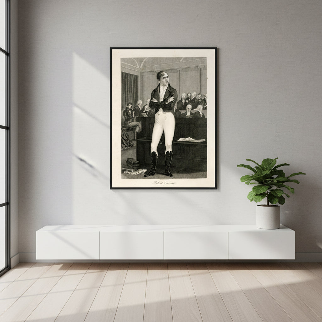 Framed Robert Emmet trial print styled in a minimalist modern home interior. Soft grey wall, black wood frame, clean furniture lines, a hint of greenery from a potted plant. Gentle side lighting highlights the engraving detail — luxury lifestyle photography aesthetic.