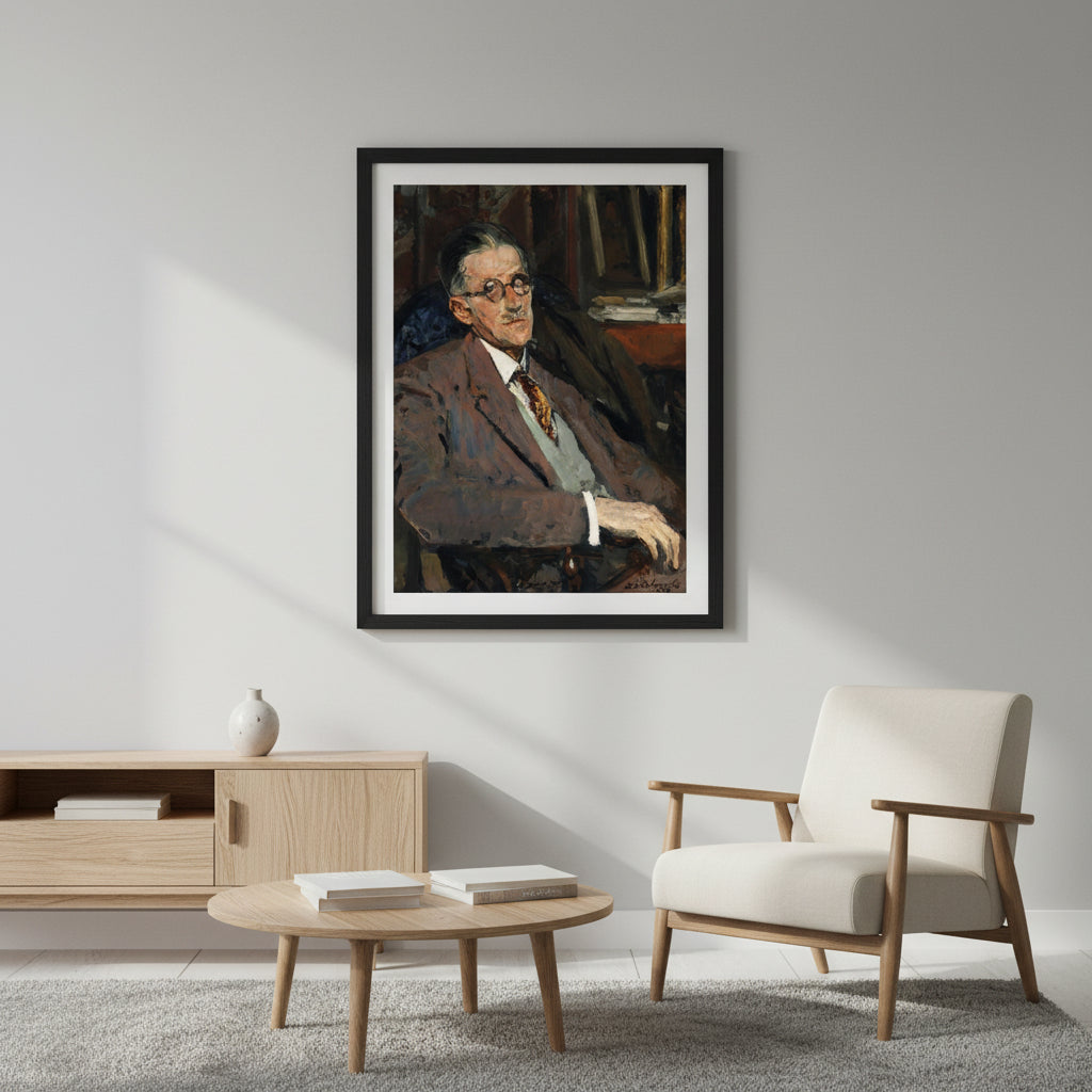 Framed fine art print of James Joyce (1934 portrait by Jacques-Émile Blanche), displayed in a black wooden gallery frame, hanging on a minimalist light-grey wall in a contemporary living room. Soft natural daylight, subtle shadows, premium gallery styling, Scandinavian furniture, clean interior, sharp detail, no reflections on the plexiglass, museum-quality presentation.
