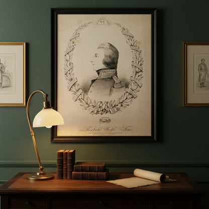 Framed portrait of Wolfe Tone in a black wooden frame, hanging above a vintage writing desk with brass lamp and leather-bound books. Warm lamplight falls across aged parchment textures, deep green wall tones, and gold-framed historical prints — evoking the atmosphere of an Irish scholar’s study.