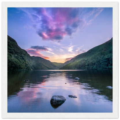 Framed wall art print of Glendalough Valley, featuring the Upper Lake at dusk with serene sky reflections, 30x30 cm (12x12 inches) in a white frame.