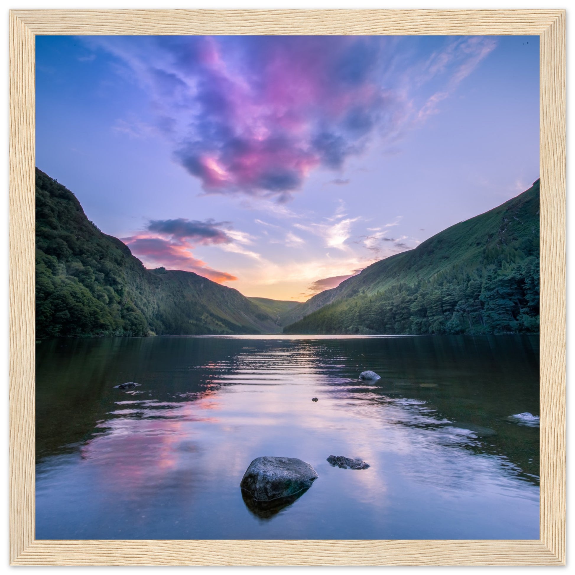 Framed wall art print of Glendalough landscape, 30x30 cm (12x12 inches), in a wooden frame.