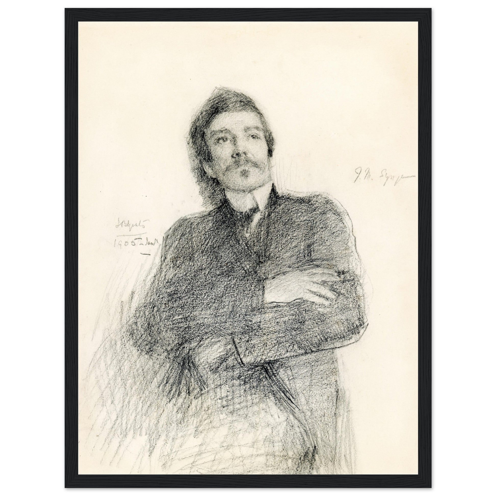 Graphite portrait of John Millington Synge by John Butler Yeats, framed in black gallery frame, museum-quality reproduction, Irish literary portrait.