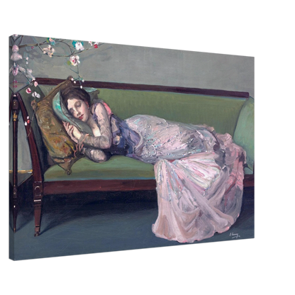 Painting by Irish Artist Sir John Lavery of a woman in a flowing dress lying on a green couch with decorative elements.