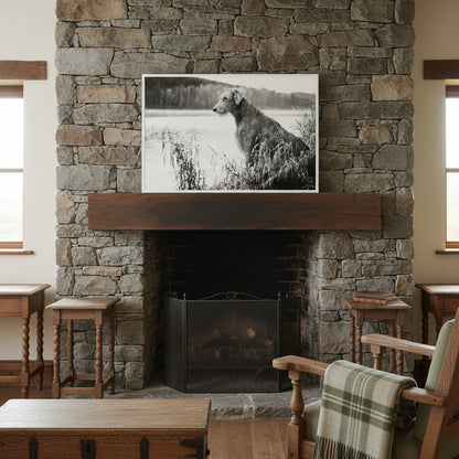 Irish Wolfhound black and white framed print above a stone fireplace in a traditional Irish country home with antique oak furniture and soft natural light.