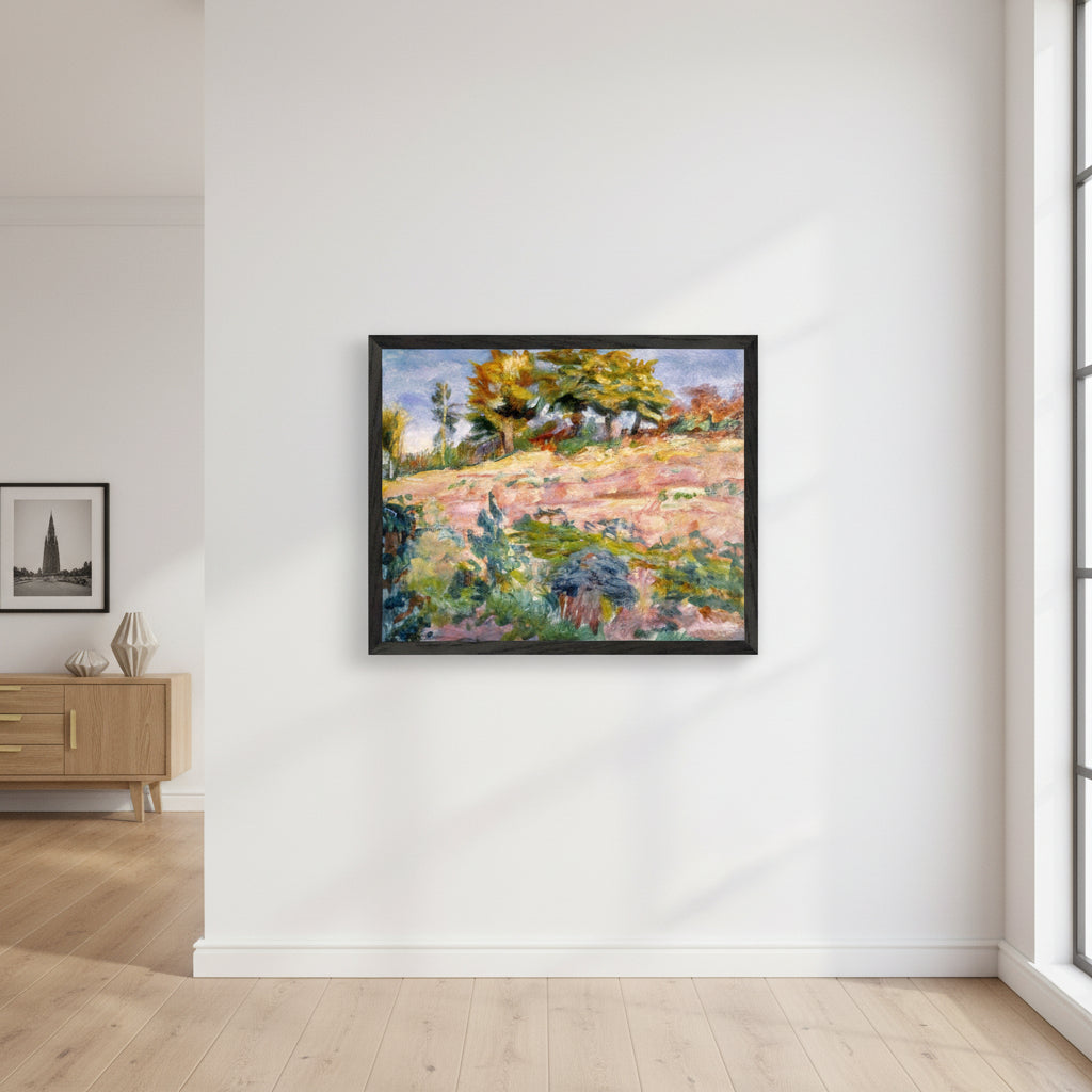 Landscape by Roderic O’Conor displayed in a black hardwood frame on a clean white gallery-style wall, modern interior, oak furniture, soft window light, high-contrast premium aesthetic, minimalist décor.