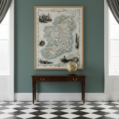 Large 45×60 cm vintage Ireland map in natural wood frame on Georgian wall, chequered stone floor, console table with antique globe.