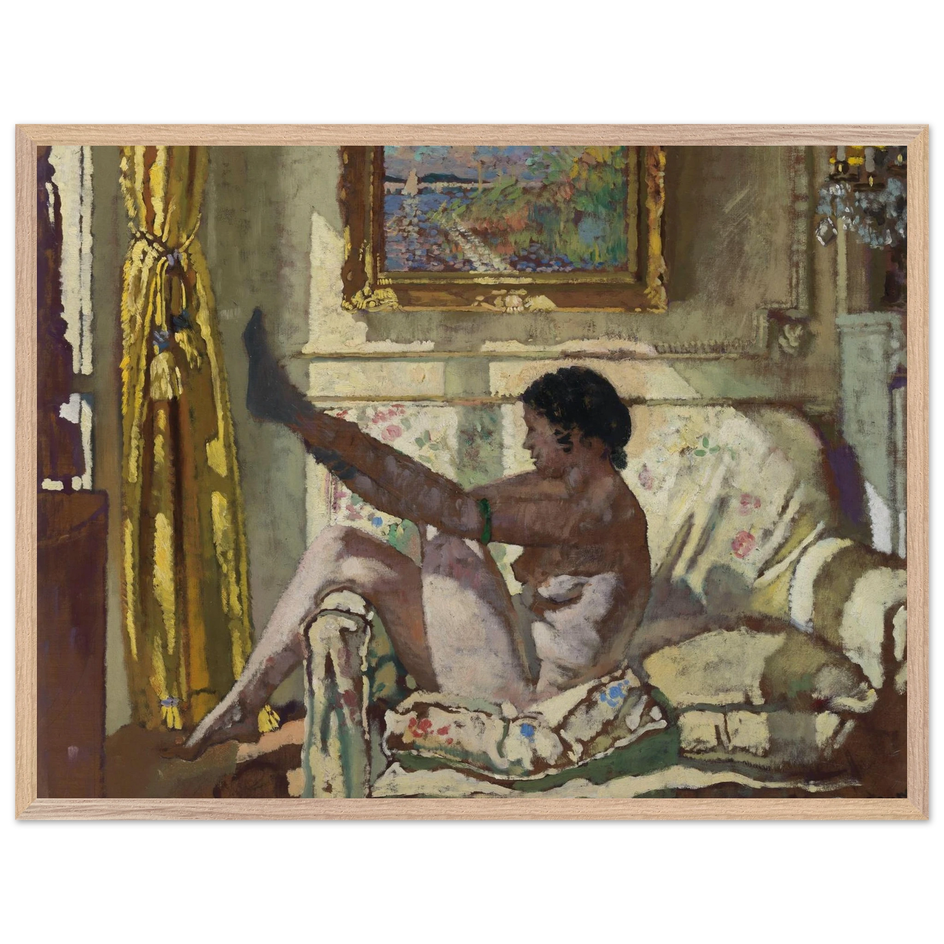 Large archival print of William Orpen’s Sunlight, nude woman on patterned sofa beneath Monet painting, 60x80 cm unframed.