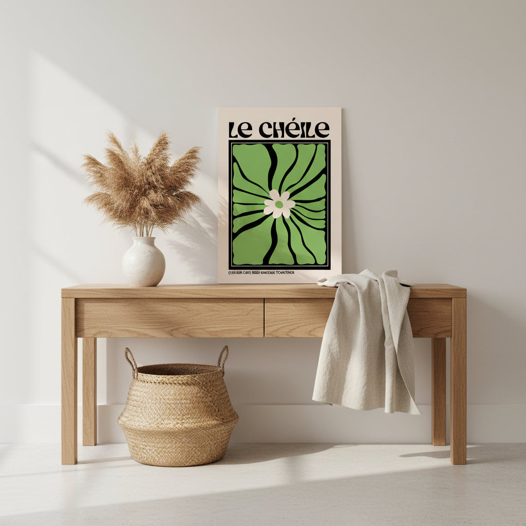 A3 Le Chéile print unframed in modern hallway, oak console table, natural textures, airy interior
