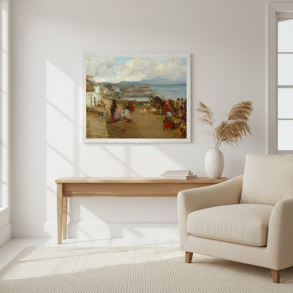 A 40×50 cm art print of “Life in Connemara, A Market Day” by Walter Frederick Osborne in a premium matte-white wooden frame. Displayed in a coastal-inspired interior with airy white tones, linen textures, light oak furniture, and soft window light. Styled as luxury wall art with a museum-quality feel.