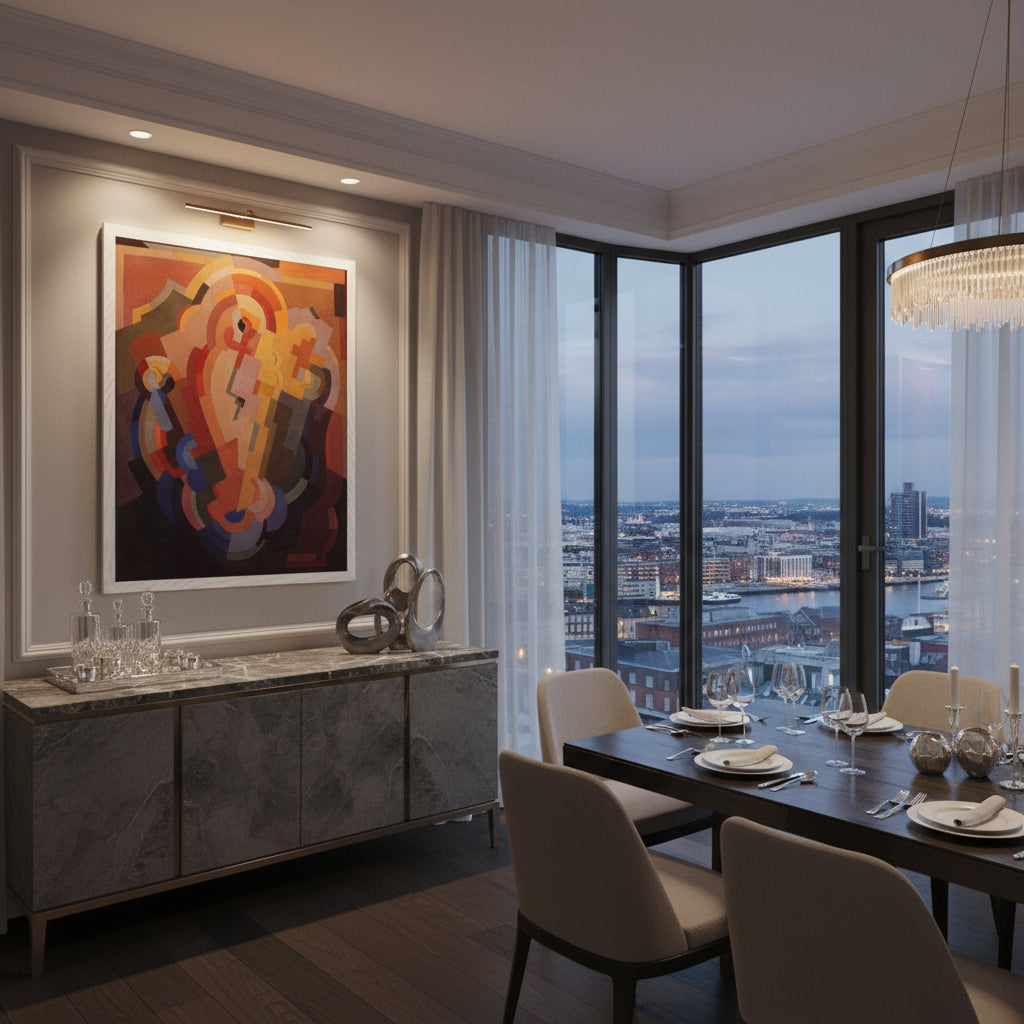 Mainie Jellett print above a marble sideboard in a modern penthouse dining room