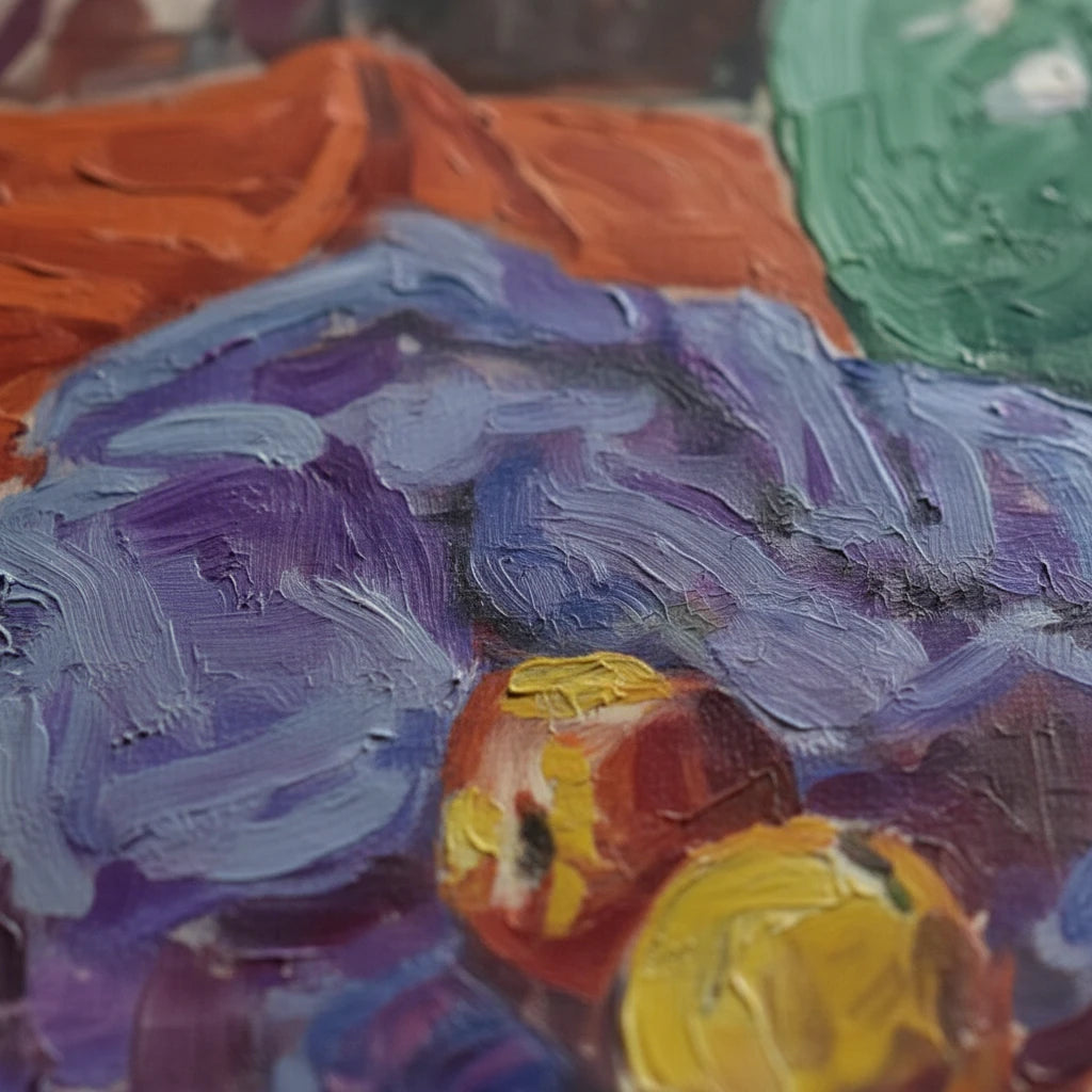 Macro close-up of archival matte paper texture showing brushstroke detail of a Post-Impressionist still life, vibrant colours, premium Master’s Edition quality.