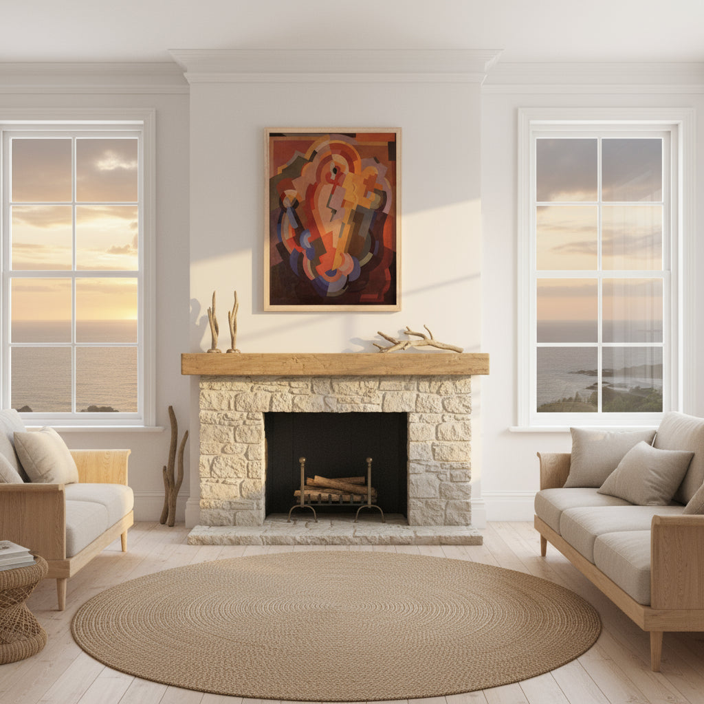 Mainie Jellett Abstract Composition framed in coastal Irish living room with sea view and stone fireplace.