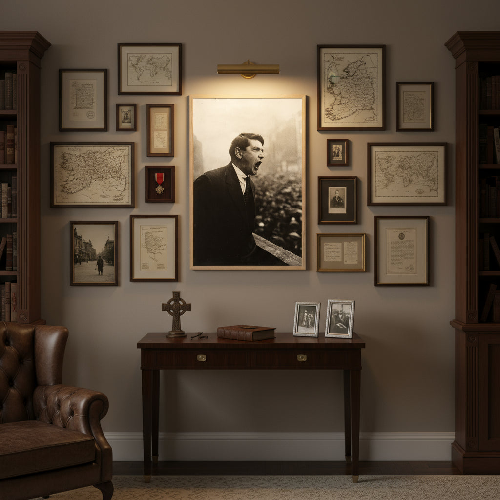 Michael Collins portrait as the centrepiece of a gallery wall in a private collection room, surrounded by vintage Irish maps and historical memorabilia, neutral wall tones and spotlight illumination